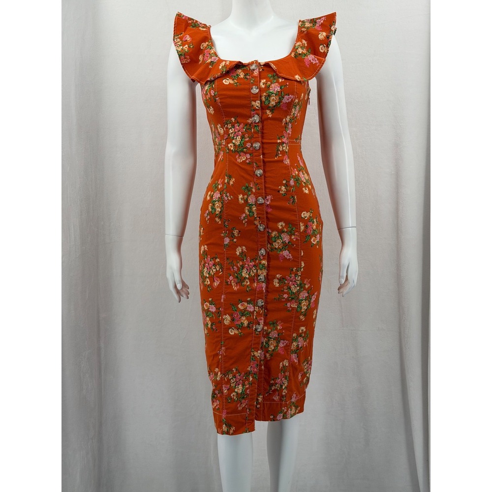 Anthropologie Dress Womens XXS Orange Buttondown Floral Ruffle Boho Romantic ASO